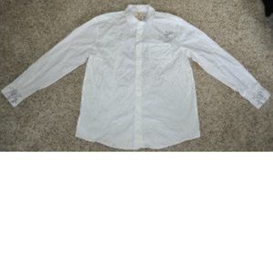 Mens Sport Shirt White Large Embroidered Rose Long Sleeve Button 1 Pkt Route 66